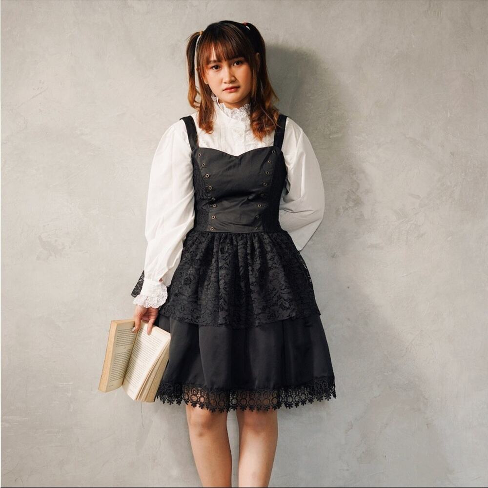 Coruscate Unique black sateen and lace gothic steam punk grunge corset dress,‎ M